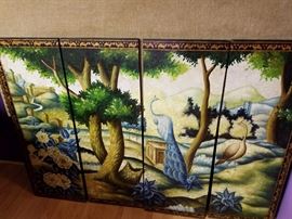 Beautiful, hand-painted four panel screen for wall.