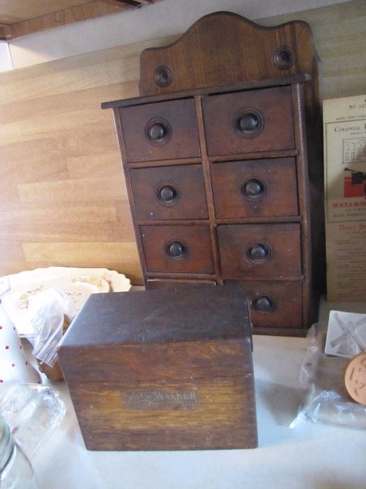 Eight drawer spice cabinet with an antique Shaw Walker recipe box...