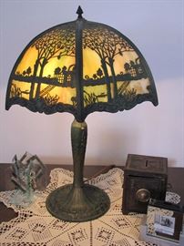 (Miller or Bradley Hubbard) Caramel overlay antique slag glass lamp.