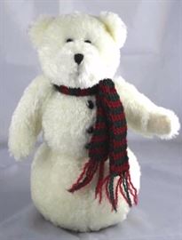 Astrid Snowberry-132. Boyds-QVC in chenille-white.  Standing at 10" H in excellent condition. Jtd.  head and arms. Poly filled body. Wears a handknit  striped scarf.
