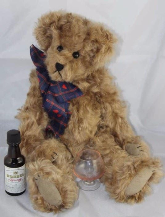 Brandy-11 Artist bear by Diane B. Suede-brown/tan  in excellent condition. Blue/red hear ribbon neck  bow with small liquor bottle and brandy glass. Size:  14" H
