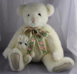 Aunt Elderbeary and Dewdrop - 238. Gund Signature  Collection. Plush-white leather and grey. Made in  1992 and stands 14" H in excellent condition. Aunt  has a multi-colored flowered ribbon bow. Dewdrop  has a white satin nite cap tied around head. 
