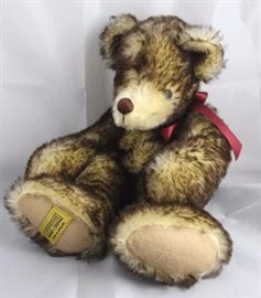 Beanie Bear-91, Merrythought-England in mohair  (cream/brown tipped).  Trademark tag across bottom  paw pad.  Jtd. pellet filled bear with a burgundy  ribbon around neck.  Ltd. #174 of 500. Size:  16" H
