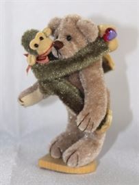 Chip & Banana (monkey)-228.  Friends Collection  from Little Gem Teddy Bear.  Monkey clutches a  bear standing on a small heart stand. Size:  3" H Excellent condition.
