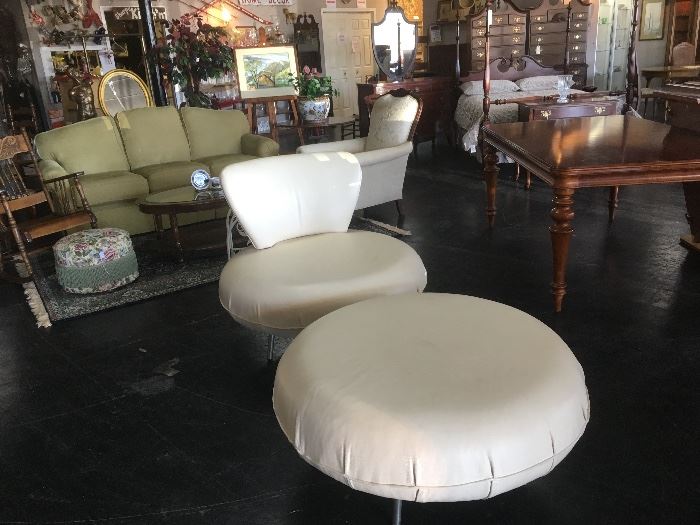 Mid-Century Modern, White Leather, MINT CONDITION, Swivel Chair & Ottoman