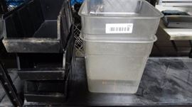 2 plastic food containers & 3 small plastic parts bins