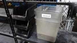 2 plastic food containers & 3 small plastic parts bins