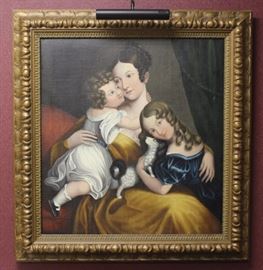 A 20th century oil on canvas painting of mother,  two children, and dog.  It was cleaned and  re-stretched in 1998.  The frame was made in Italy  (not original to painting).  Sticker on back says  "The Snow Goose Gallery" in Pennsylvania 18018.
