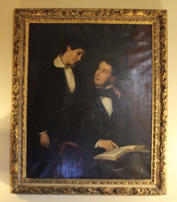 Scholarly father and son.  19th Century oil on  canvas painting with original plaster frame.  Has  some condition issues.  See photos or email for  condition report. Approx. 58.50" L x 49.5" W.
