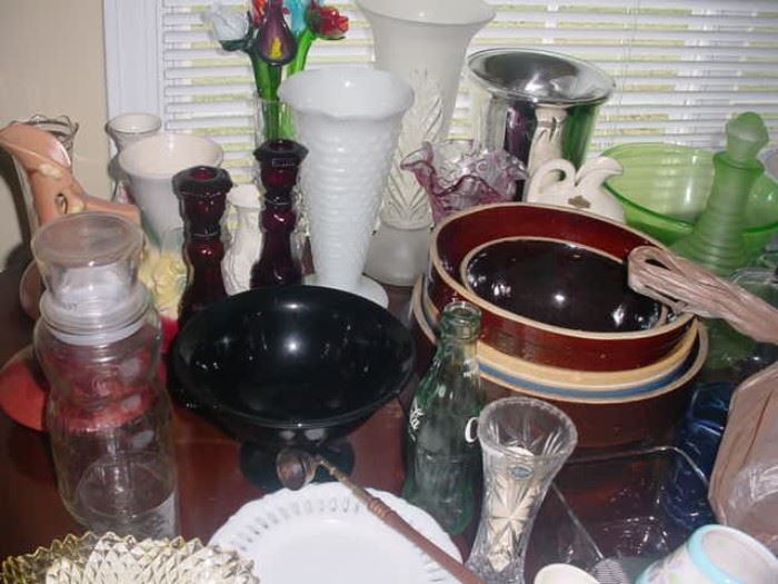 Some of the various glass, old kitchen mixing bowls, and so much more