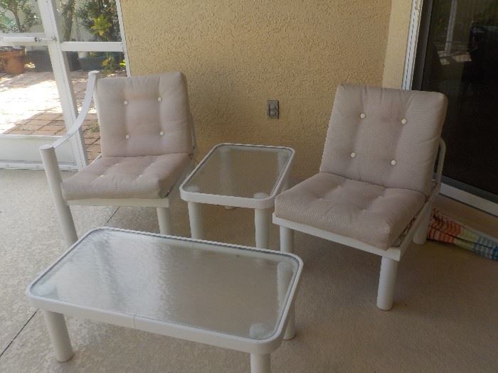 Patio Furniture, 2 Chairs,  Small and Medium Glass Top Tables, and Pads Included
