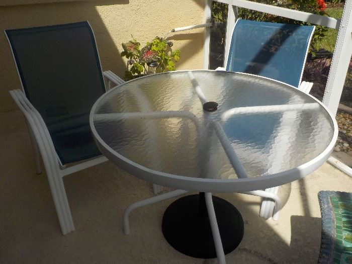 Glass Top Patio Table and 2 Mesh Chairs
