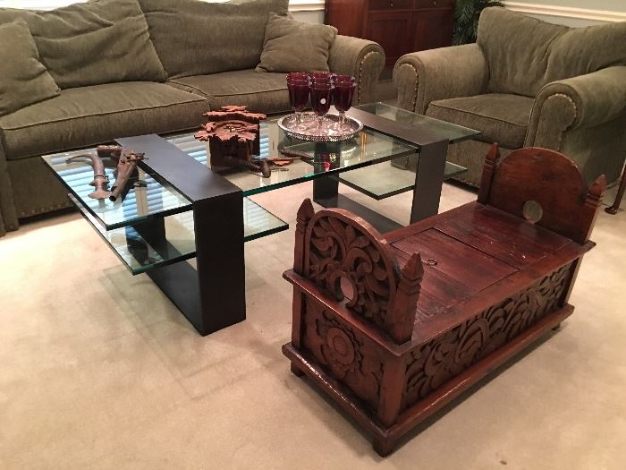 Contemporary Custom Iron & Glass Coffee Table and Carved Storage Bench