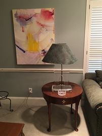Jane Troyer Original Art, Baker Table (from Adolphus Hotel) and Acrylic Moroccan Style Lamps