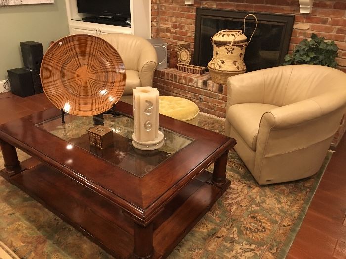 Large Wood & Glass Two Tier Coffee Table and Pair of Hal Sofa Leather Swivel Barrel Chairs