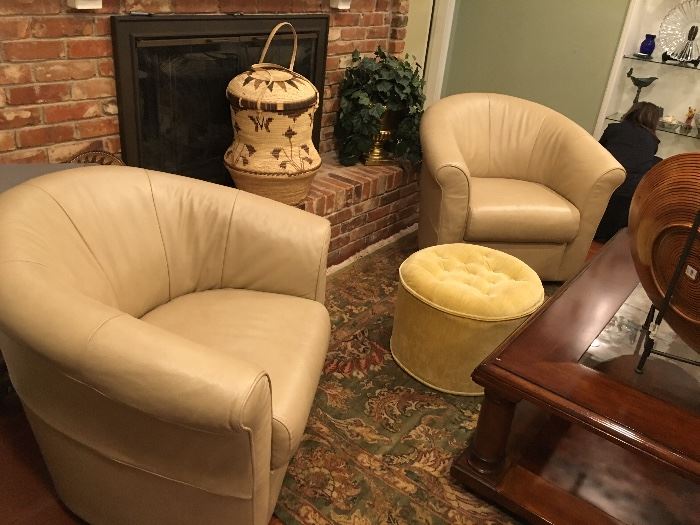 Pair of Hal Sofa Leather Swivel Chairs and African Baskets