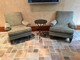 Table not for sale.  2 olive green custom made Sherrill arm chairs