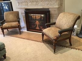 2 Sherrill custom made  leather/damask fabric  arm chairs