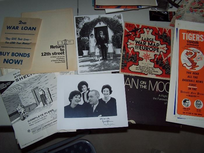 2nd War Loan Flyers, Return to 12th StreetBook, Fallout Shelter Packet, Large War Map of Europe, Small War Map, Man on the Moon Insert, 1968 & 1984 Tiger Schedule from Detroit Free Press, JFK Picture with Family, Lyndon B Johnson Picture