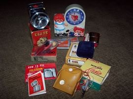 1974 Raggedy Ann & Andy Clock, Elite Lantern, Solid Fuel Hand Warmer, Combination Hand Warmer - Cigarette Lighter, Pollak's Rocket Radio, Pollak's Mite-Size Radio, Solid Fuel Sticks