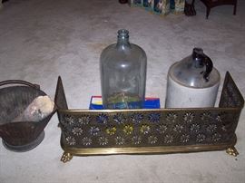 Brass Fire Place items, Crock Jug and Glass Jug