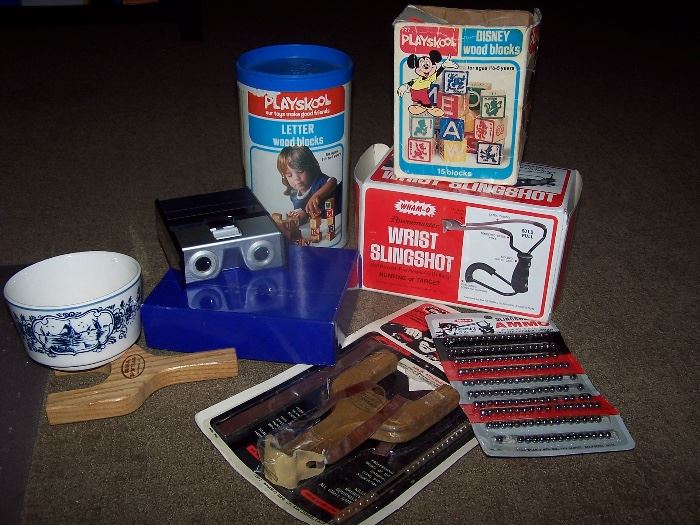 Delft blauw planter, Wham-O Wrist sling shots and Ammo, Playskool  wooden Blocks and Disney wooden blocks, Delta Stereo 3 D Viewer