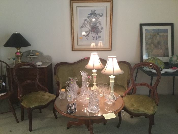 Victorian settee & chairs, Waterford etc glass, round coffee table