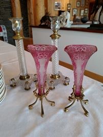 Pair of brass and glass antique candlesticks and pair of brass and glass trumpet vases