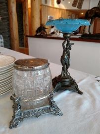 Sheffield crystal and silverplate biscuit jar and a Victorian figural compote