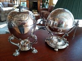 Antique silverplate egg coddle and butter server