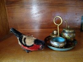 Cloisonne and a toy wind up bird figure 