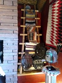 Wonderful pine ladder with Indian blankets and saddle bags