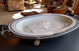 Antique pewter and Dickson pottery warming tray