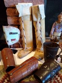 Two pairs leather cuffs and Kachina mask