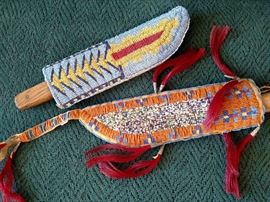 American Indian Teton Sioux orange and multi beaded knife sheath and Sioux blue bead knife sheath