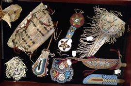 Sioux beaded buckskin bag, Northern beaded pouch, beaded knife sheaths and other American Indian beaded items