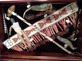 Blood Martingale belt/strap fully beaded with quilled drops and feathers, beaded war club, pony beads added late