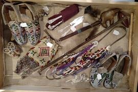 Apache beaded bag with bead fringe, two pairs beaded adult moccasins, one pair child's moccasins, Crowe loop necklace C.1900, Tiffany & Co. sterling fruit knives