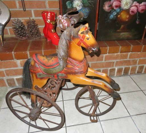 Vintage  Hand Carved Childs Wooden & Metal Horse  Tricycle