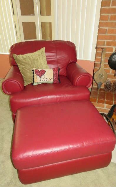  La-Z-Boy Red Leather Arm Chair & Ottoman