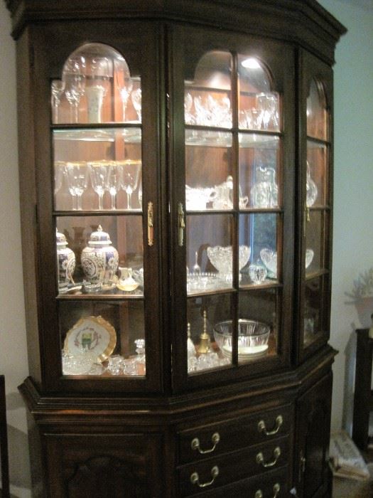 large lighted china cabinet & glassware