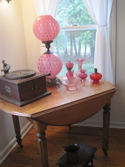drop leaf table & cranberry glass & Victrola