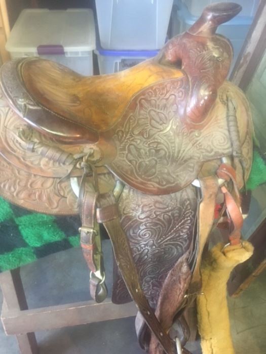 View of tooled leather saddle
