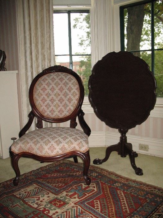 Victorian style parlor chair and tilt top table