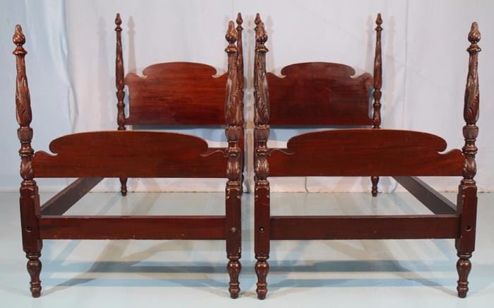 110a  Pair of mahogany acanthus carved twin poster beds, 56.5 in. T, 76 in. L, 35 in. W.