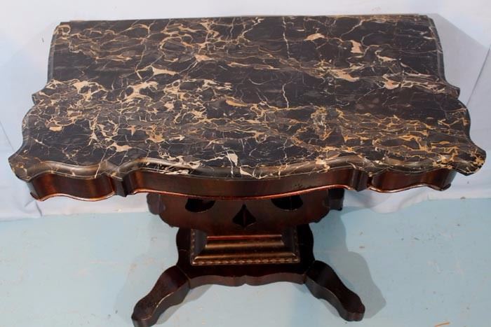169b  Black and gold marble top Empire console table, 29 in. T, 36 in. W, 19 in. D.