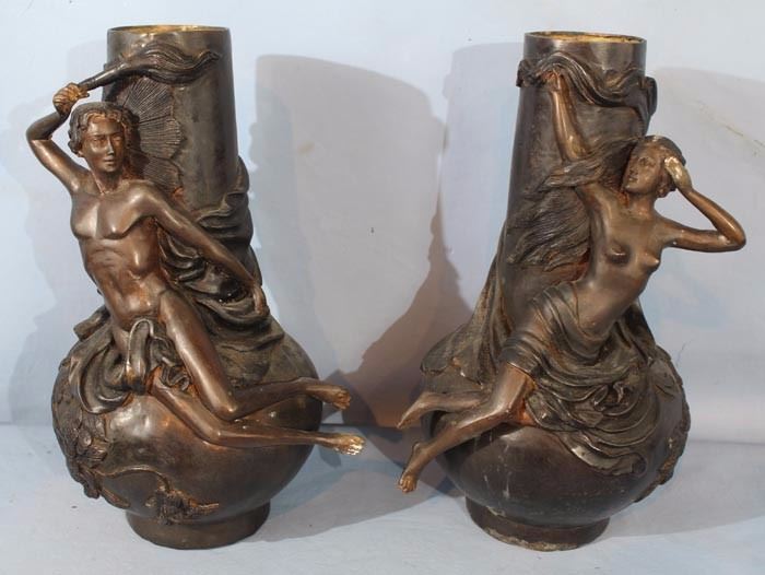 207a  Pair of bronze figural urns of boy and girl, 16 in. T.