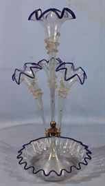 227a  Victorian 4 trumpet epergne, clear with blue accent, 21 in. T, 9 in. Dia.