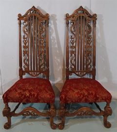 279a  Pair of mahogany tall back hall chairs with pierce carving and new upholstery, 58 in. T, 24 in. W, 18 in. D.