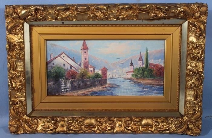 286a  Victorian oil on canvas of coastal scene in gold leaf frame, 12 in. T, 18 in. W.